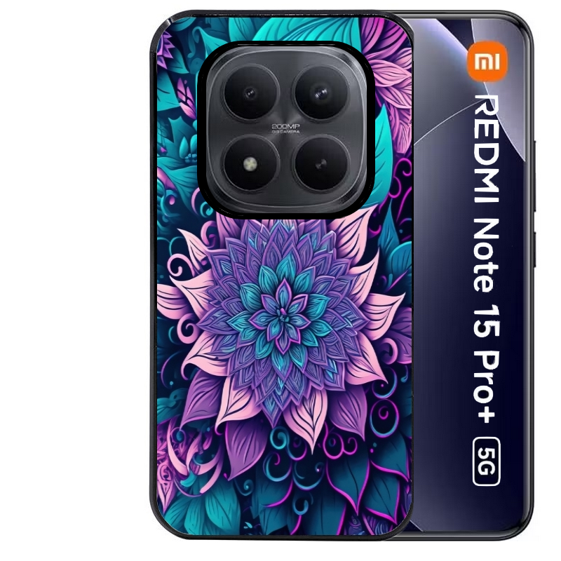 Coque noire taperso pour Redmi Note 15 et PRO PLUS 4G 5G avec motif tropical mandala et fleur violet protection antichoc personnalisée
