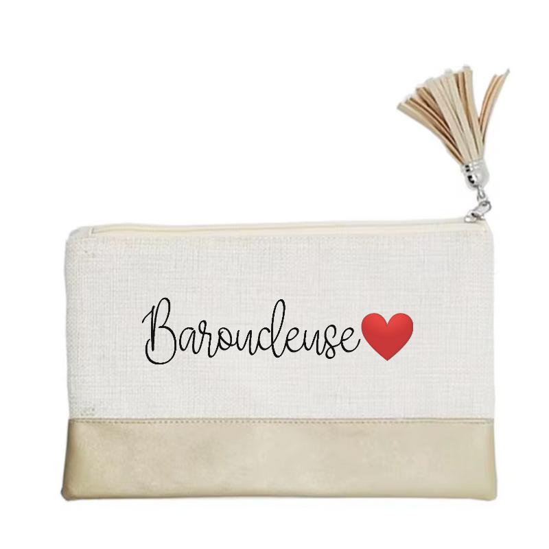 Pochette motif baroudeuse et cœur en toile et simili cuir