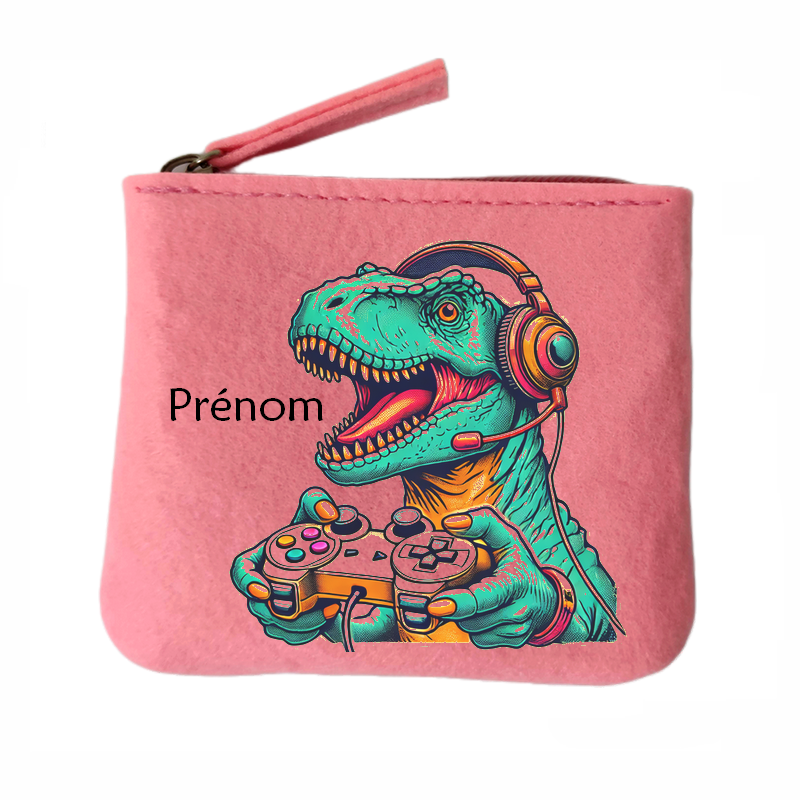 Porte monnaie personnalisé dino gamer en feutrine en feutrine