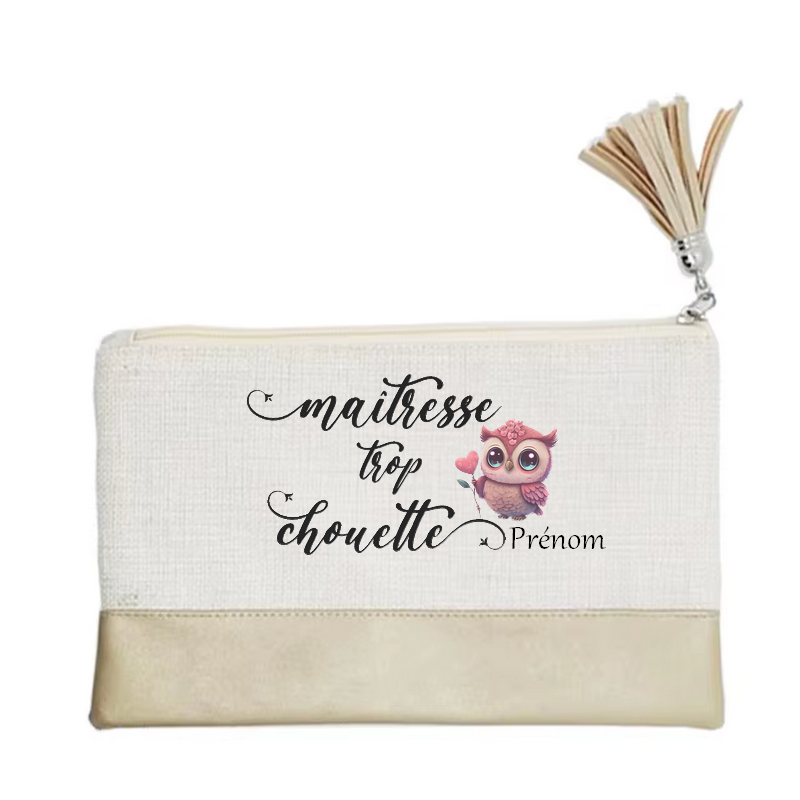 Pochette personnalisée motif maitresse chouette en toile et simili cuir personnalisée