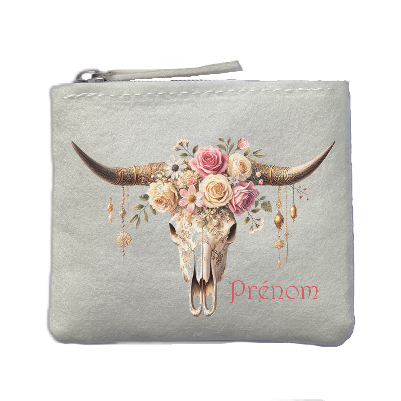 Porte monnaie personnalisé skull bull fleurs ivoire en feutrine en feutrine ivoire