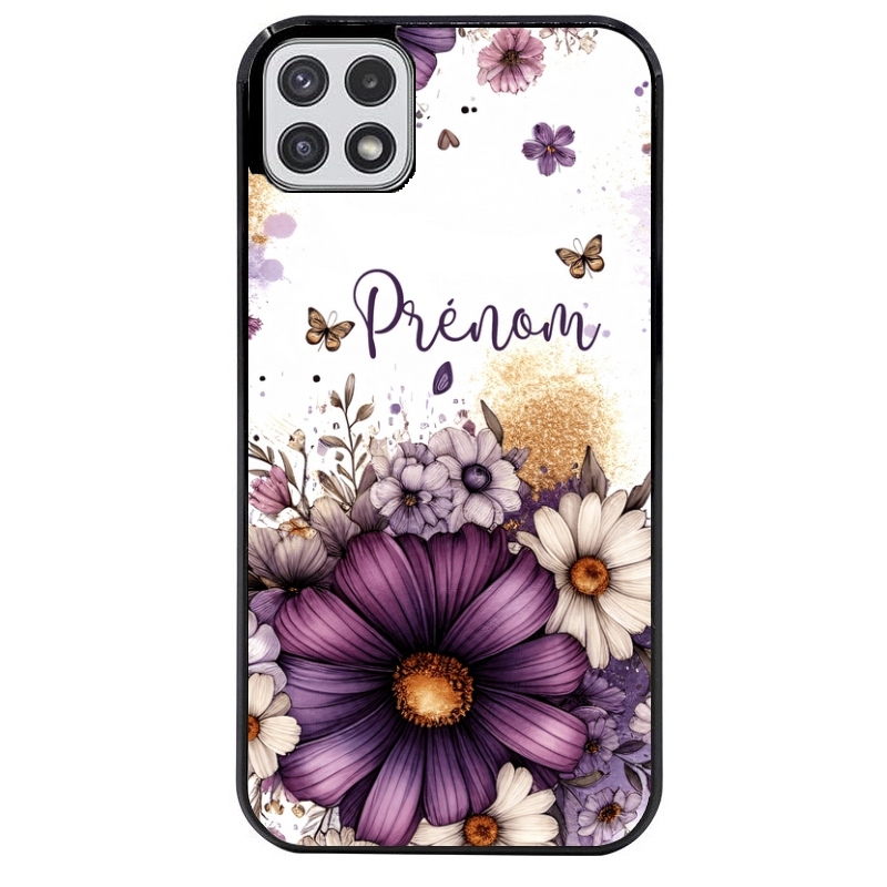 Coque noire taperso pour galaxy A22 A32 A52 A52S 4G 5G  avec motif fleur violette personnalisee protection antichoc personnalisée