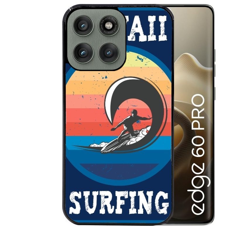 Coque noire taperso pour Moto Edge 60 et Neo Fusion Pro avec motif hawaii et surf protection antichoc personnalisée