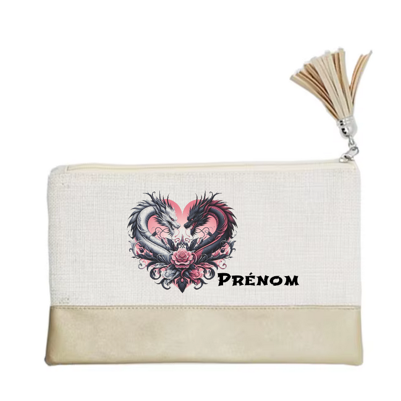 Pochette personnalisée motif dragon love en toile et simili cuir personnalisée