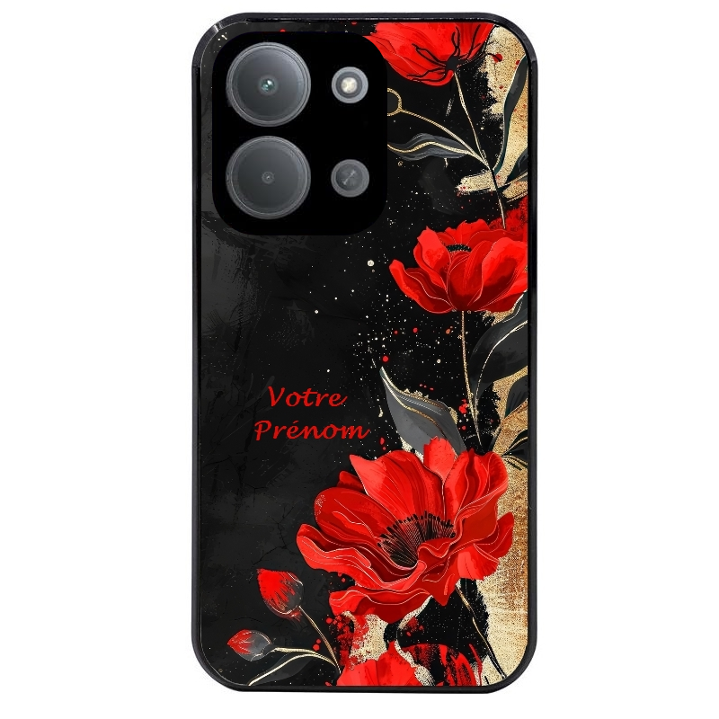 Coque noire taperso pour POCO C85 avec motif fleur rouge avec prenom protection antichoc personnalisée