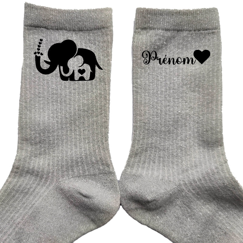 Chaussettes personnalisées paillettes argent motif éléphant maman