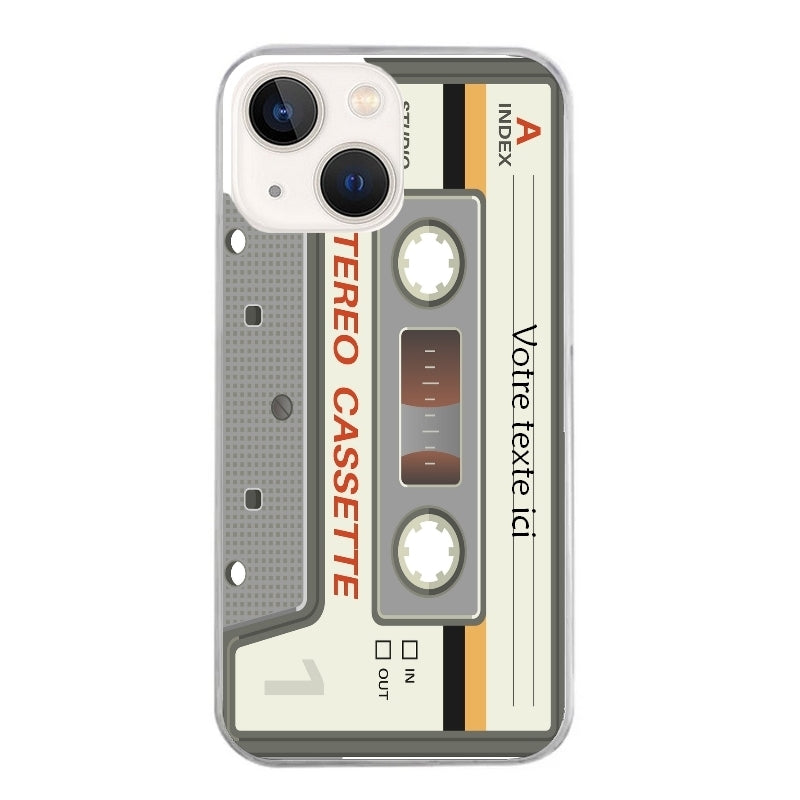 Coque taperso pour Iphone 15 et PRO PLUS PRO MAX avec motif cassette grise personnalisable protection antichoc personnalisée
