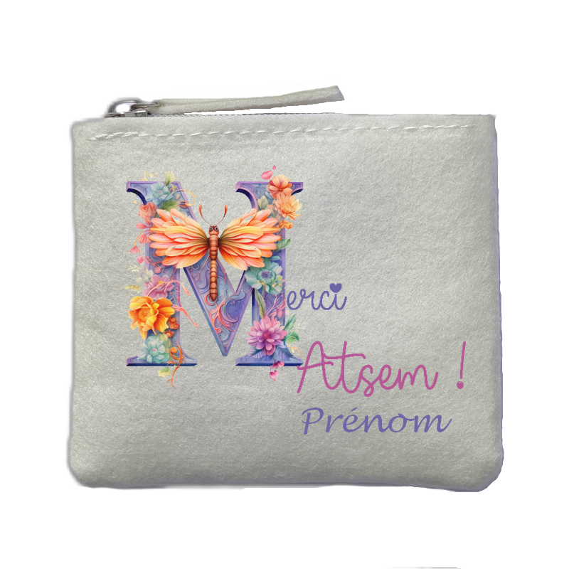 Porte monnaie personnalisé atsem merci fleurs ivoire en feutrine en feutrine ivoire