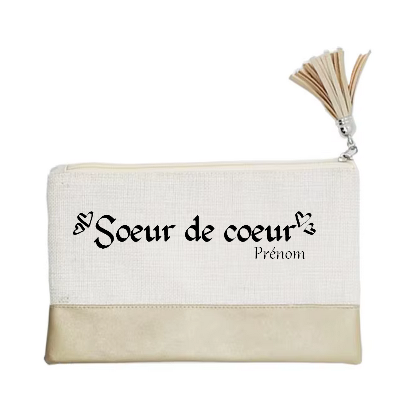 Pochette personnalisée motif soeur de cœur en toile et simili cuir personnalisée