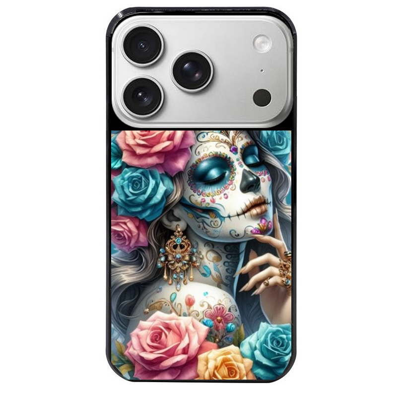 Coque noire taperso pour Iphone 17 17E AIR MAX PRO avec motif tete de mort calavera bleu protection antichoc personnalisée