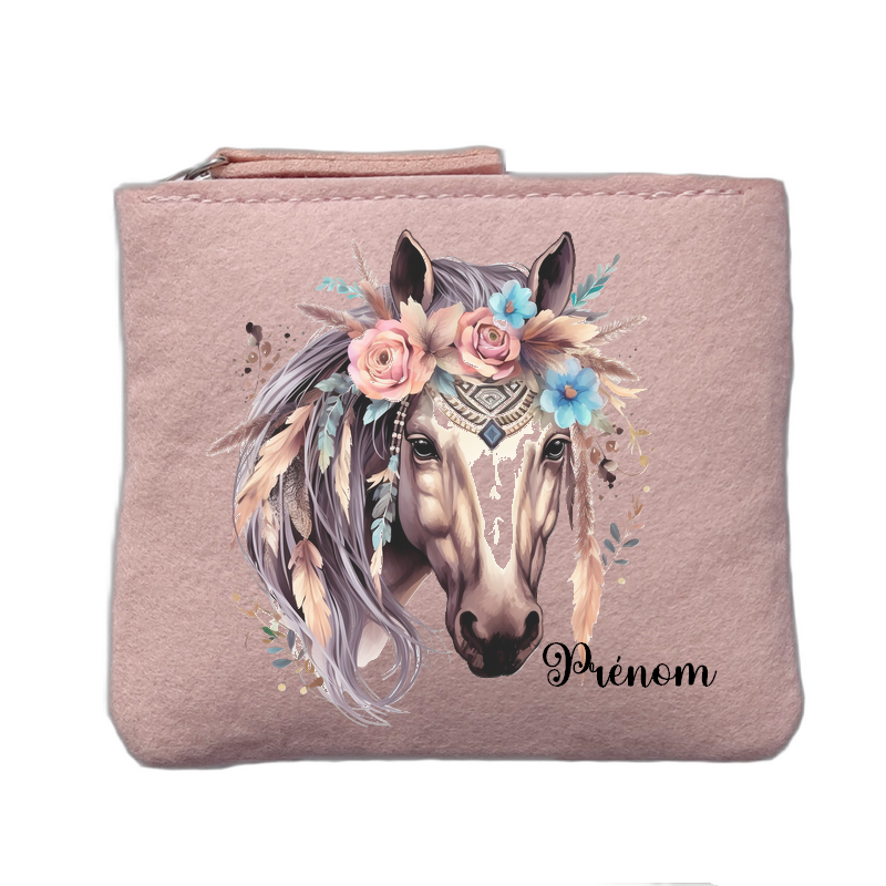 Porte monnaie personnalisé motif cheval boho rose clair en feutrine en feutrine