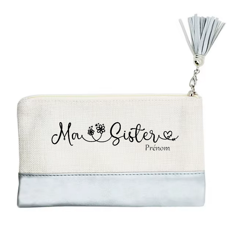 Pochette personnalisée motif soeur sister en toile et simili cuir personnalisée