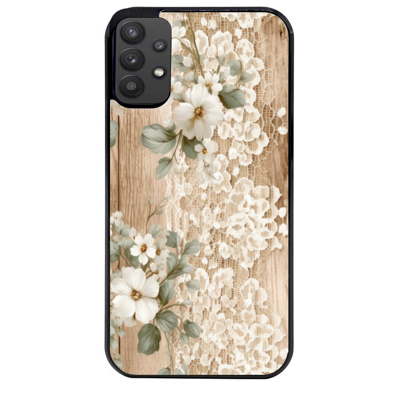 Coque noire taperso pour galaxy A22 A32 A52 A52S 4G 5G  avec motif bois et dentelle 1 protection antichoc personnalisée