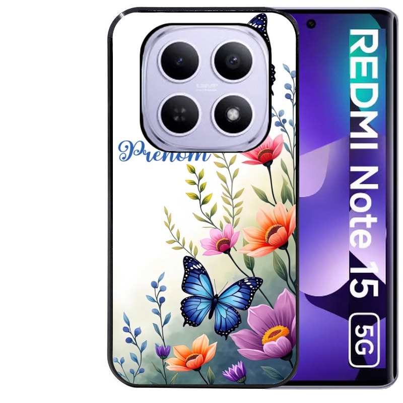 Coque noire taperso pour Redmi Note 15 et PRO PLUS 4G 5G avec motif papillon prenom personnalisee protection antichoc personnalisée