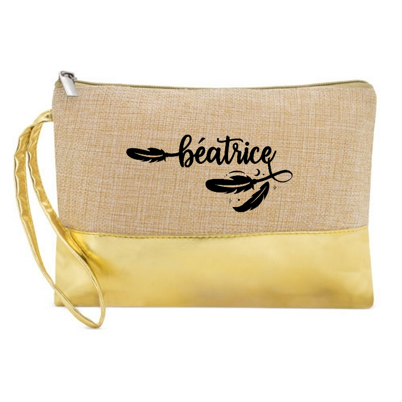 Pochette personnalisée prénom plumes en jute et doré en jute et doré