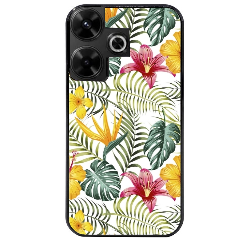 Coque noire taperso pour POCO M6 4G avec motif jungle et fleur hibiscus protection antichoc personnalisée