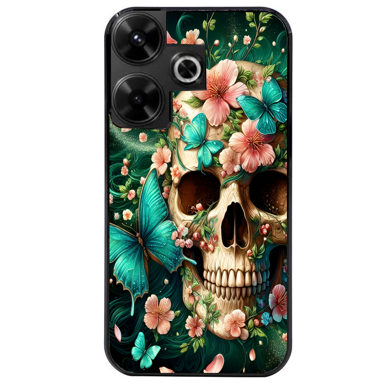 Coque noire taperso pour POCO M6 4G avec motif tete de mort skull printemps protection antichoc personnalisée
