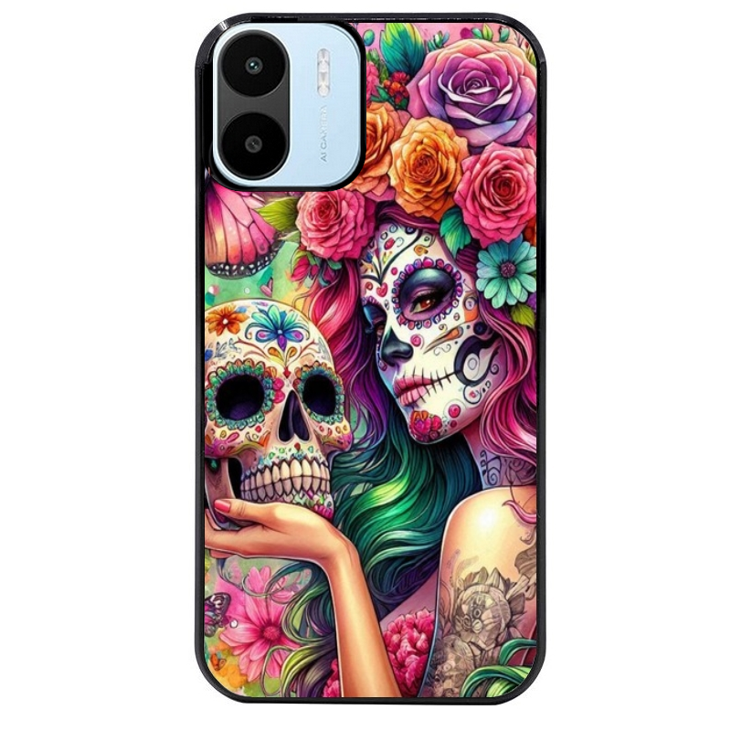 Coque noire taperso pour Redmi A1 et A2 avec motif tete de mort calavera skull protection antichoc personnalisée