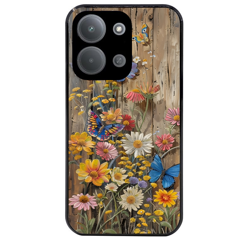 Coque noire taperso pour POCO C85 avec motif bois et papillon 1 protection antichoc personnalisée