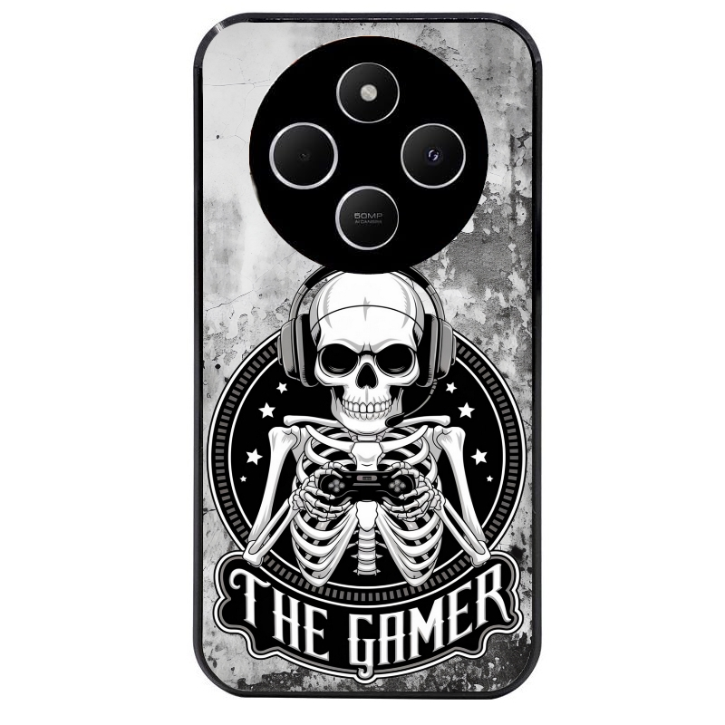 Coque noire taperso pour POCO C75 avec motif tete de mort gamer beton protection antichoc personnalisée