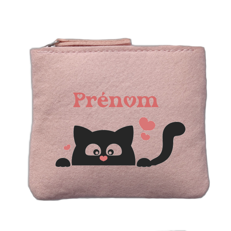 Porte monnaie personnalisé motif chat kawaii rose clair en feutrine en feutrine