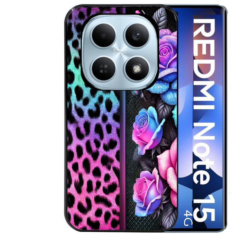 Coque noire taperso pour Redmi Note 15 et PRO PLUS 4G 5G avec motif leopard et fleur protection antichoc personnalisée