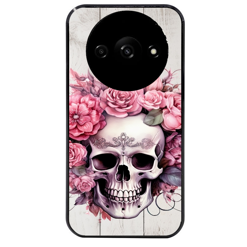 Coque noire taperso pour Redmi A3 avec motif tete de mort floral protection antichoc personnalisée