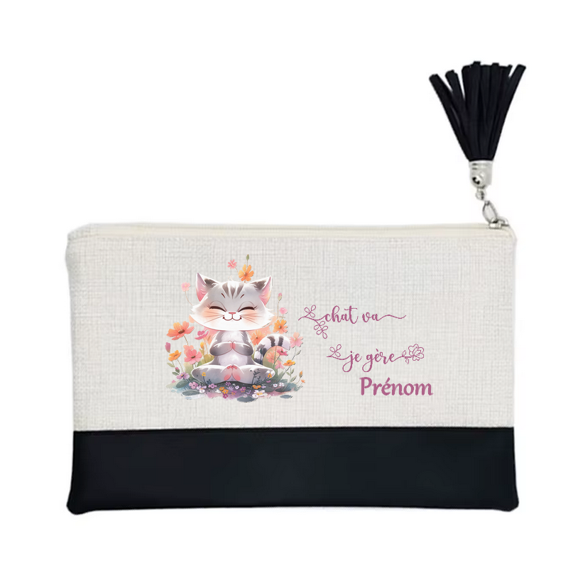 Pochette personnalisée motif chat yoga en toile et simili cuir personnalisée