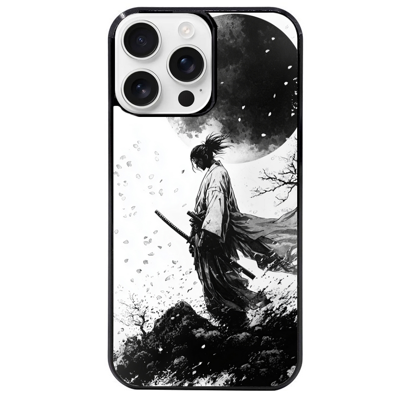 Coque noire taperso pour Iphone 16 16E PLUS MAX PRO avec motif samourai et lune protection antichoc personnalisée