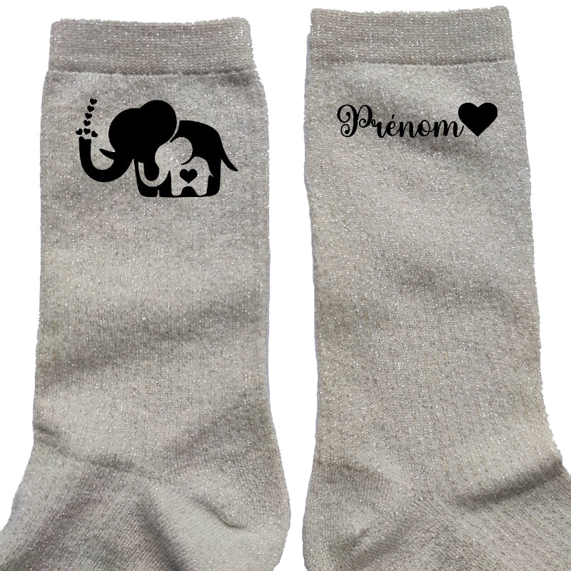 Chaussettes personnalisées paillettes crème motif éléphant maman