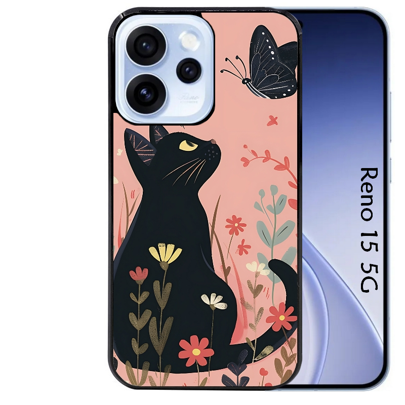 Coque noire taperso pour OPPO Reno 15 et F FS 5G avec motif chat papillon 2 protection antichoc personnalisée