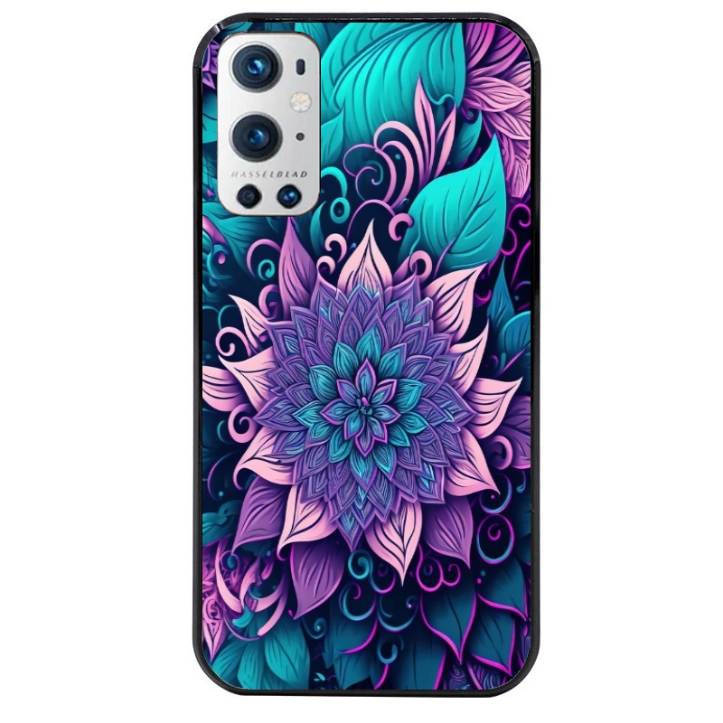 Coque noire taperso pour OnePlus 9 et 9 PRO avec motif tropical mandala et fleur violet protection antichoc personnalisée