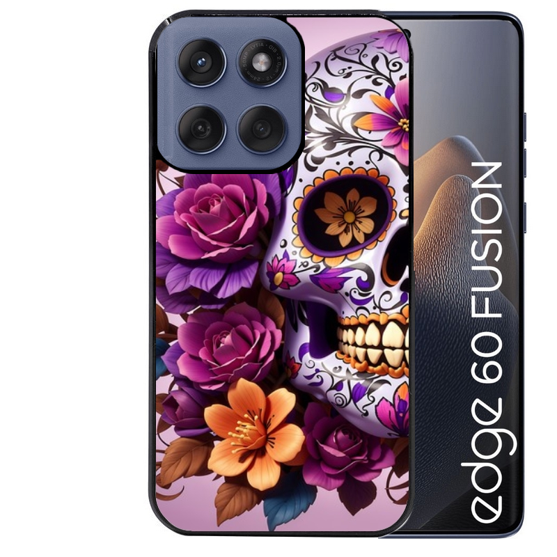 Coque noire taperso pour Moto Edge 60 et Neo Fusion Pro avec motif tete de mort calavera violette protection antichoc personnalisée