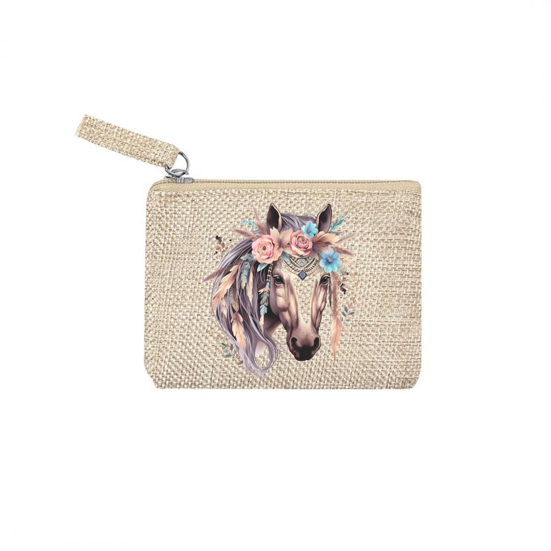 Pochette personnalisée motif cheval boho en toile et simili cuir personnalisée
