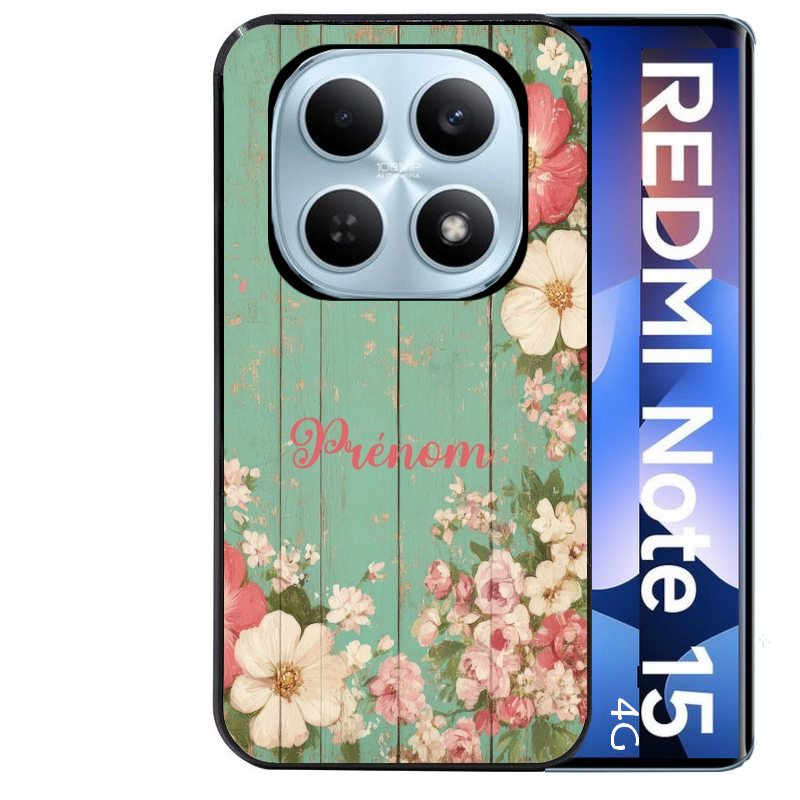 Coque noire taperso pour Redmi Note 15 et PRO PLUS 4G 5G avec motif bois et fleur avec votre prenom protection antichoc personnalisée