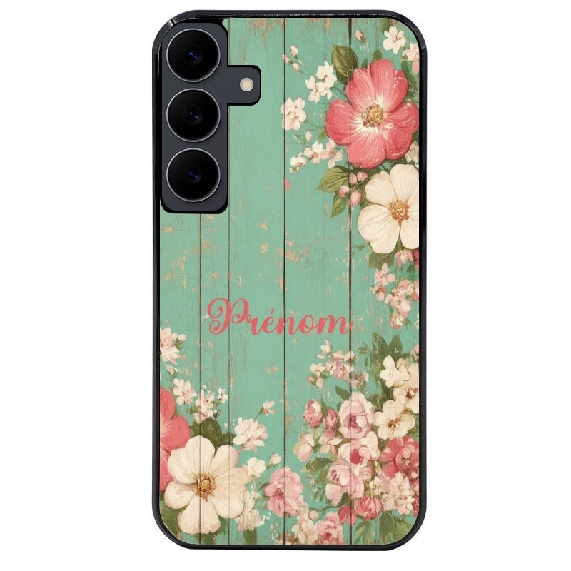 Coque noire taperso pour galaxy A06 A16 A26 A36 A56 avec motif bois et fleur avec votre prenom protection antichoc personnalisée