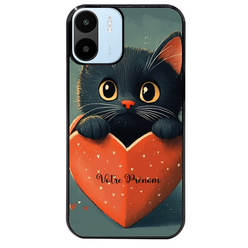 Coque noire taperso pour Redmi A1 et A2 avec motif chat et coeur avec prenom protection antichoc personnalisée