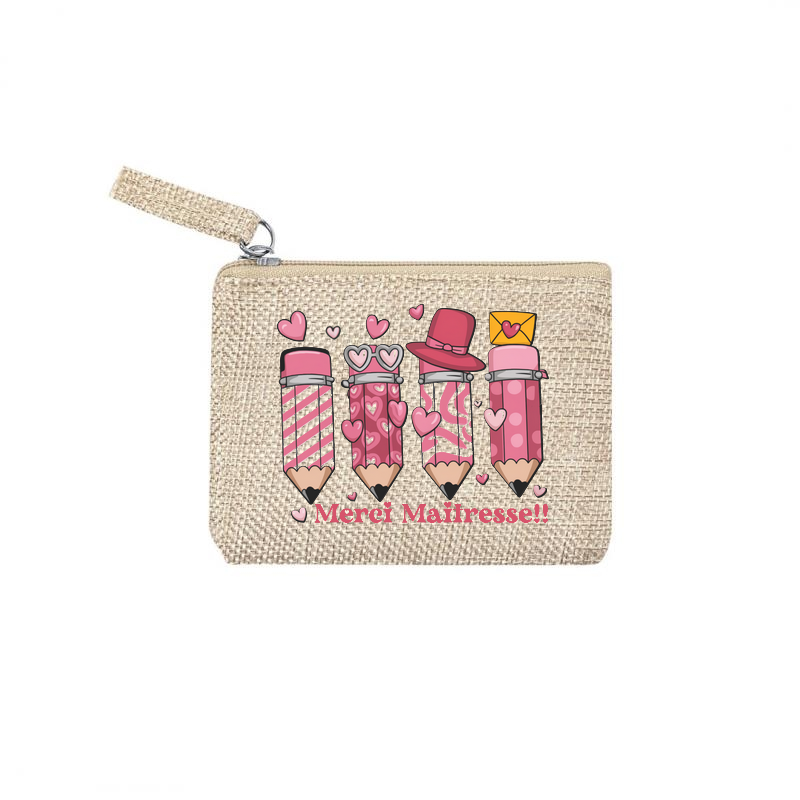 Pochette personnalisée motif maitresse merci cœur en toile et simili cuir personnalisée