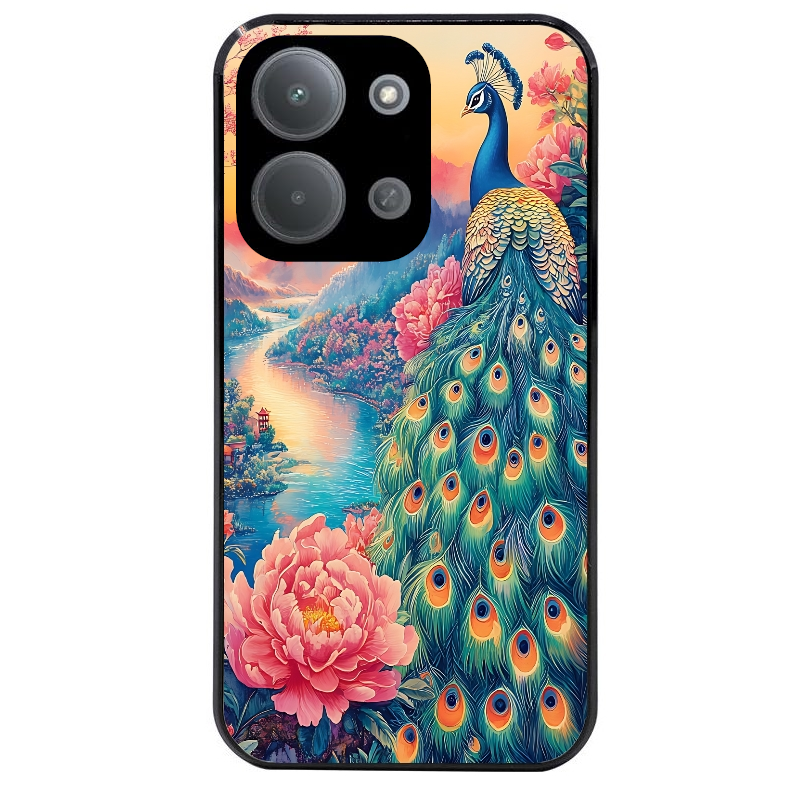 Coque noire taperso pour POCO C85 avec motif paon japan protection antichoc personnalisée