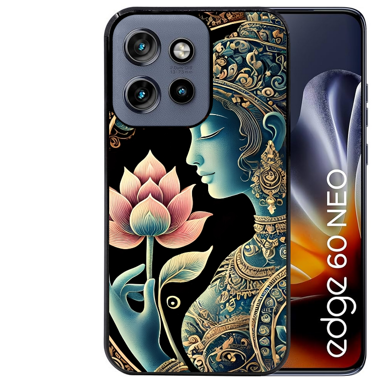 Coque noire taperso pour Moto Edge 60 et Neo Fusion Pro avec motif bouddha et lotus protection antichoc personnalisée