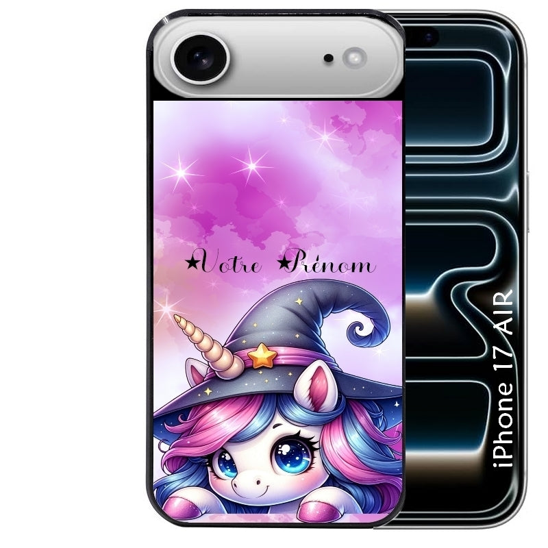 Coque noire taperso pour Iphone 17 17E AIR MAX PRO avec motif licorne magic avec prenom protection antichoc personnalisée