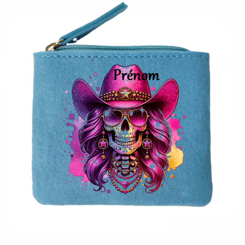 Porte monnaie personnalisé tete de mort cowboy en feutrine en feutrine