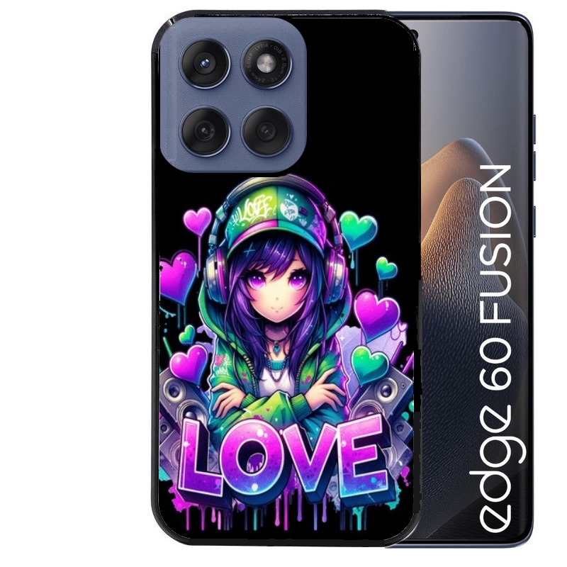 Coque noire taperso pour Moto Edge 60 et Neo Fusion Pro avec motif anime manga et love protection antichoc personnalisée
