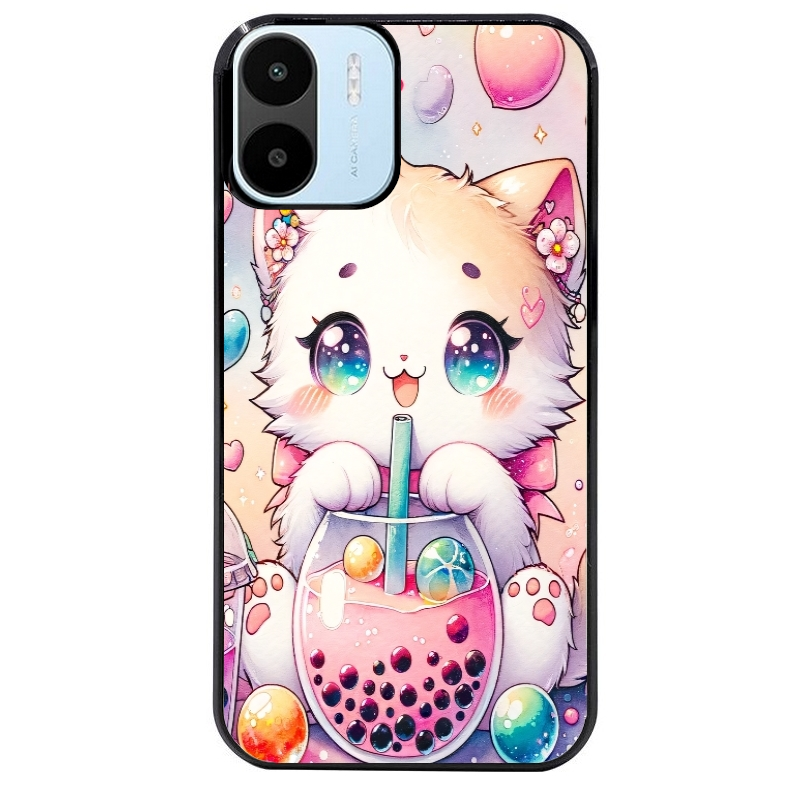 Coque noire taperso pour Redmi A1 et A2 avec motif chat bubble style manga protection antichoc personnalisée