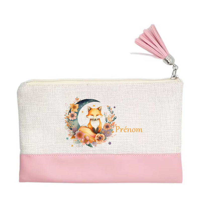 Pochette personnalisée motif fox renard lune en toile et simili cuir personnalisée