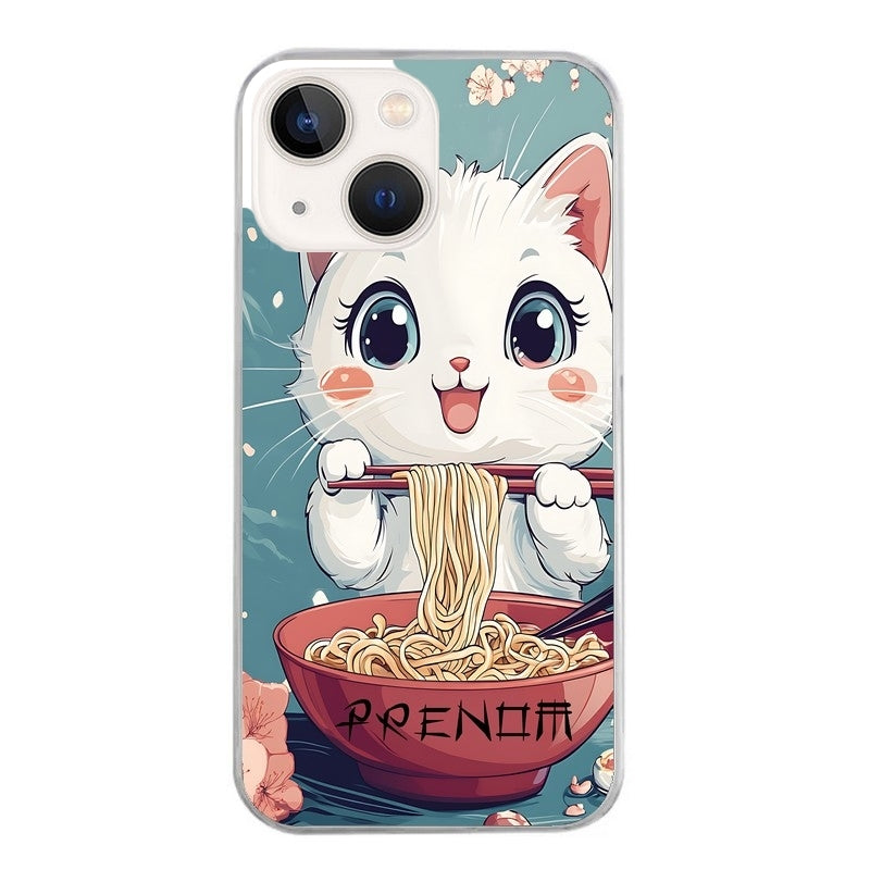Coque taperso pour Iphone 13 et PRO MINI PRO MAX avec motif chat ramen cerisier protection antichoc personnalisée