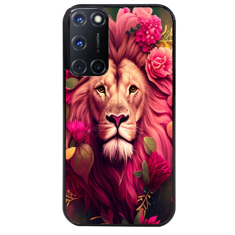 Coque noire taperso pour OPPO A72 4G avec motif lion et fleurs rose protection antichoc personnalisée