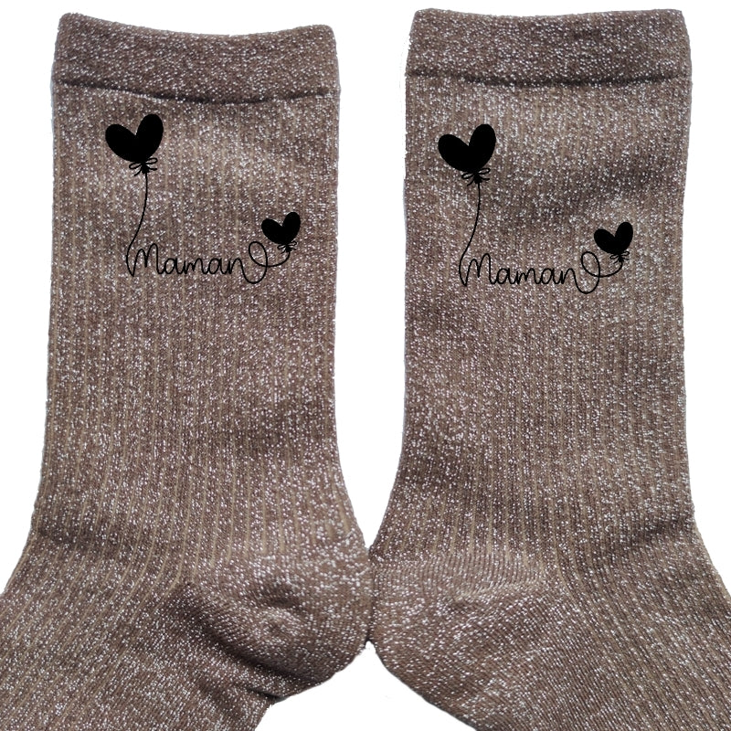 Chaussettes paillettes bronze motif maman coeur