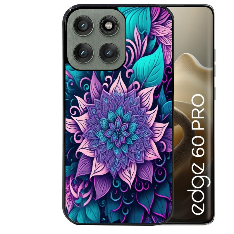Coque noire taperso pour Moto Edge 60 et Neo Fusion Pro avec motif tropical mandala et fleur violet protection antichoc personnalisée