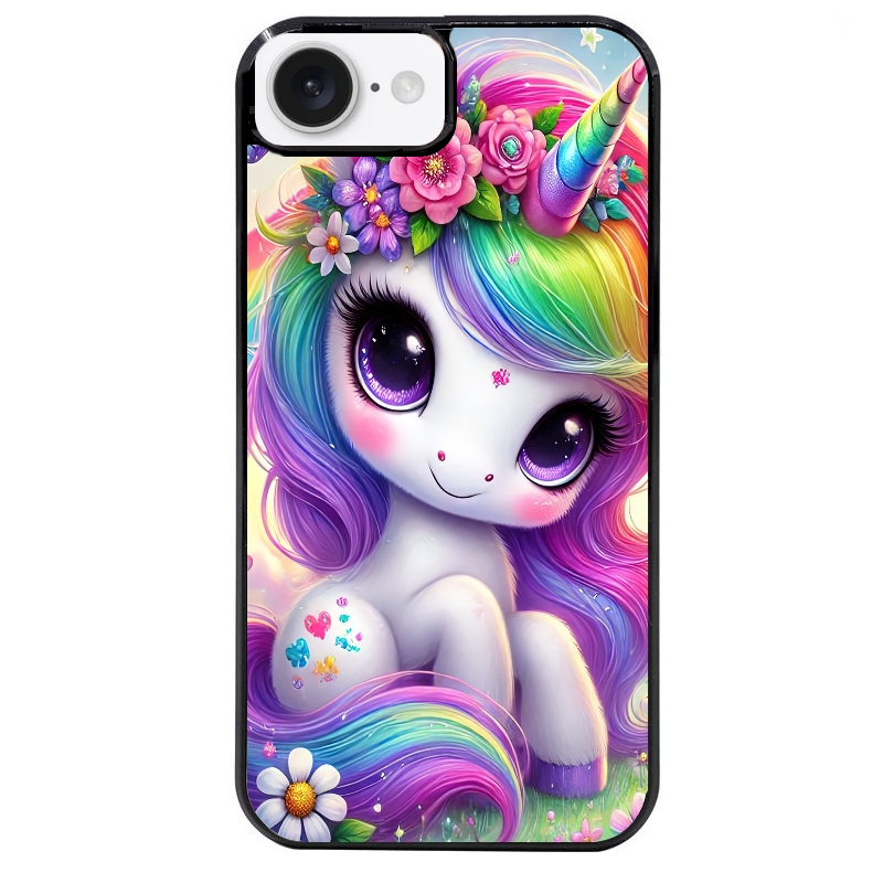 Coque noire taperso pour Iphone 16 16E PLUS MAX PRO avec motif licorne et fleurs protection antichoc personnalisée